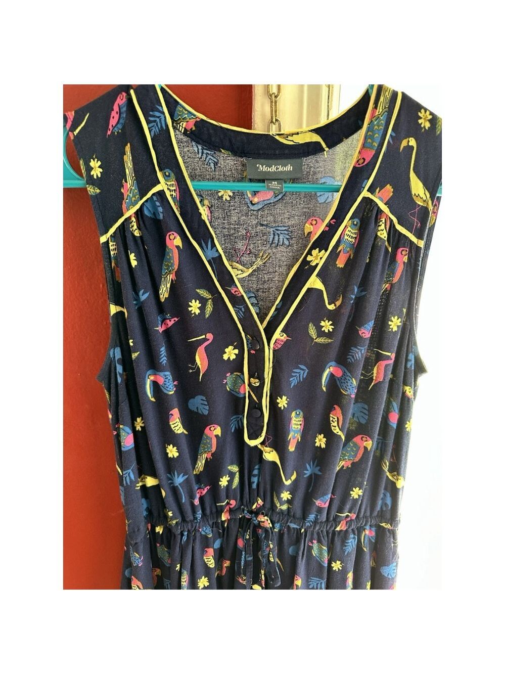 ModCloth Dress Novelty Navy Blue Cafe Au Soleil Tropical Birds Sleeveless Medium - Picture 8 of 14